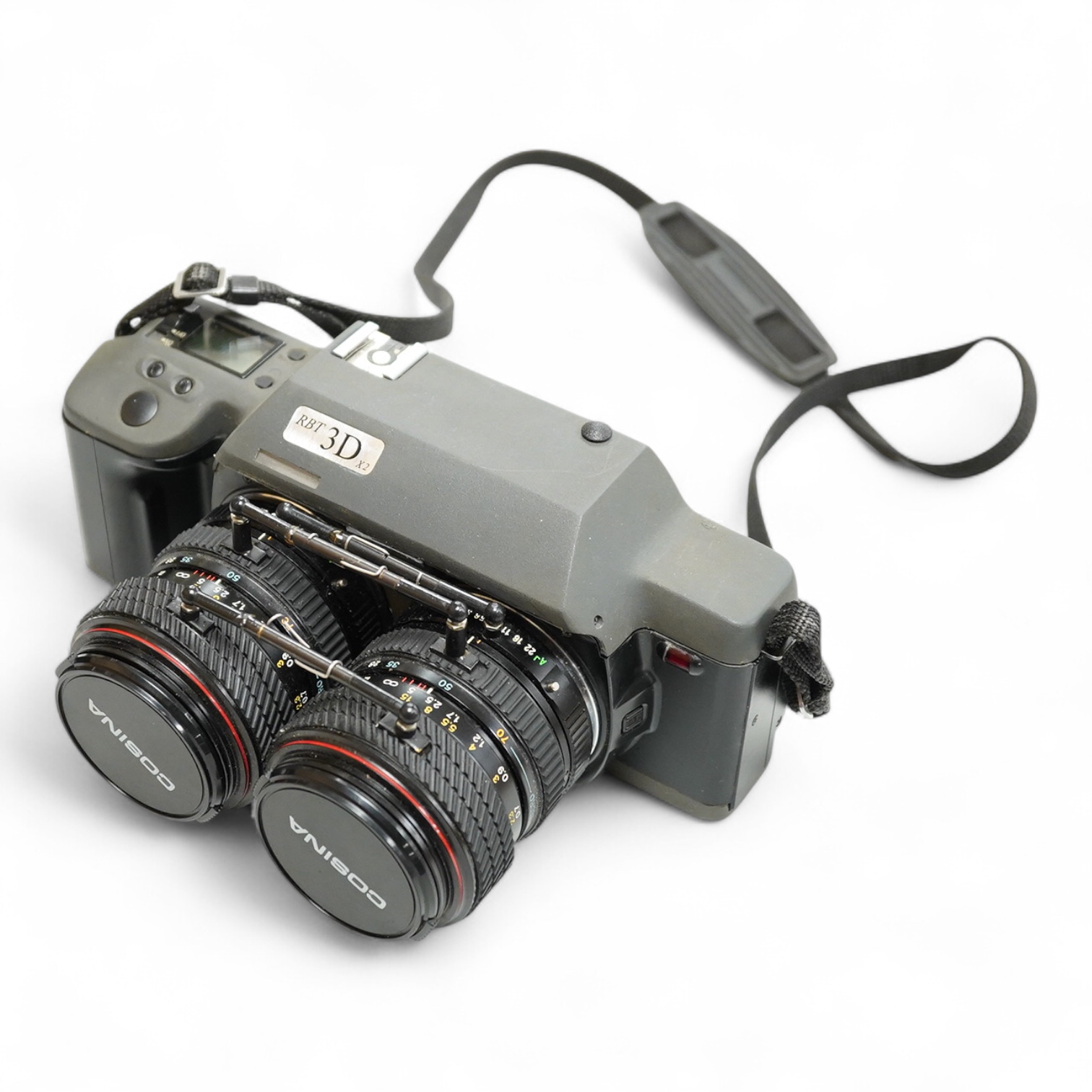 An RBT 3D X2 stereo camera, 35mm with full frame images, based on two KR-10M SLR's woth Aettl metering coupled with Tokina 28-70mm f3.5- 4.5 zoom lenses, in a fitted leatherette case